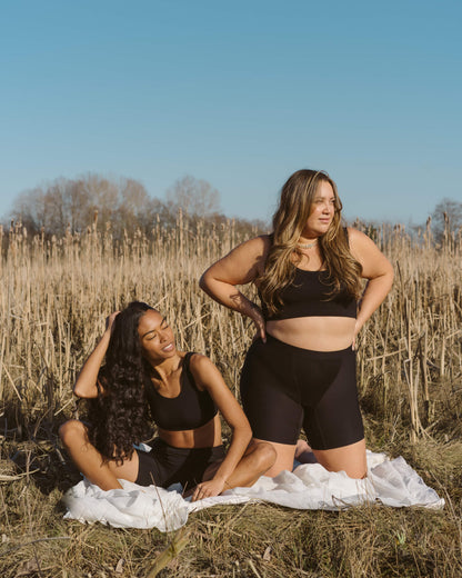 Black | Model is wearing size XS (left) and size 2XL Sporty Bralette and 2XL Long Boxer (right)